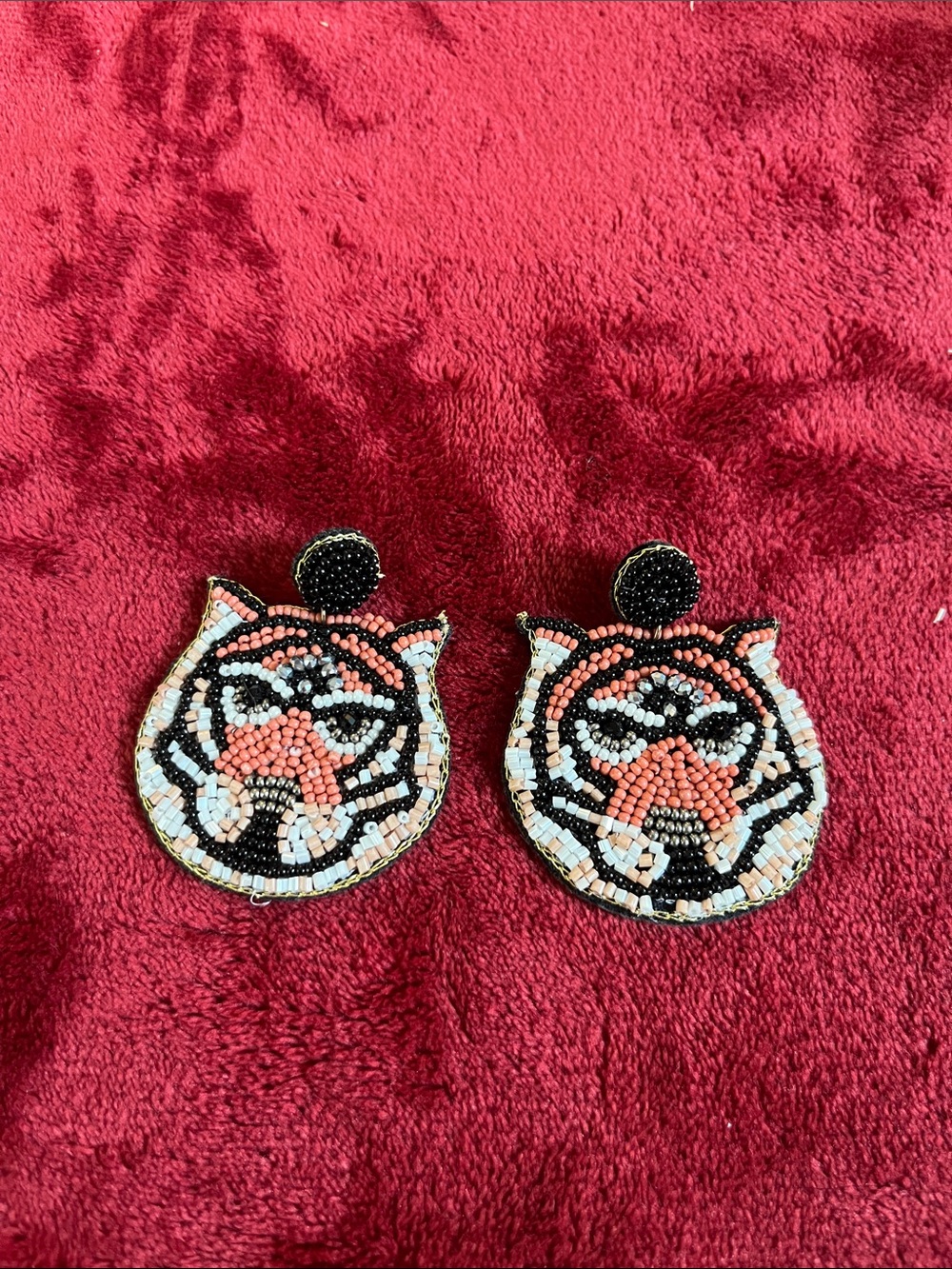 Beaded Tiger Face Statement Earrings - Black & Coral